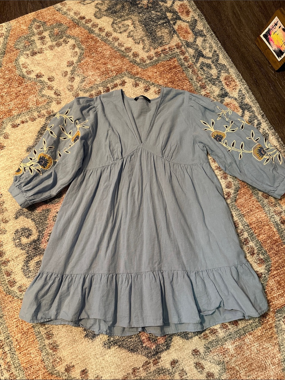 Zara Light Blue V-Neck Embroidered Sleeve Tunic